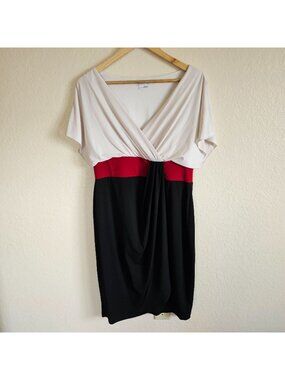 London Times Colorblock White Red Black V-Neck Dress Size 12